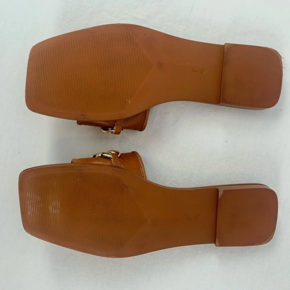 Zara Square Toe Vegan Leather Gold Chain Slides in Brown Size 7.5 or 38‎